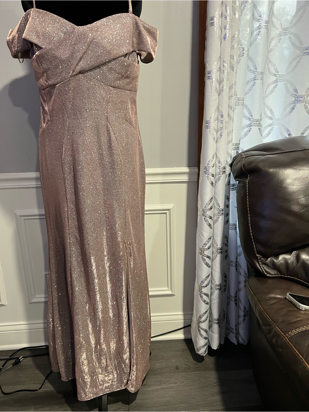 Night Way Collections Shimmering Rose Metallic Off-Shoulder Gown
